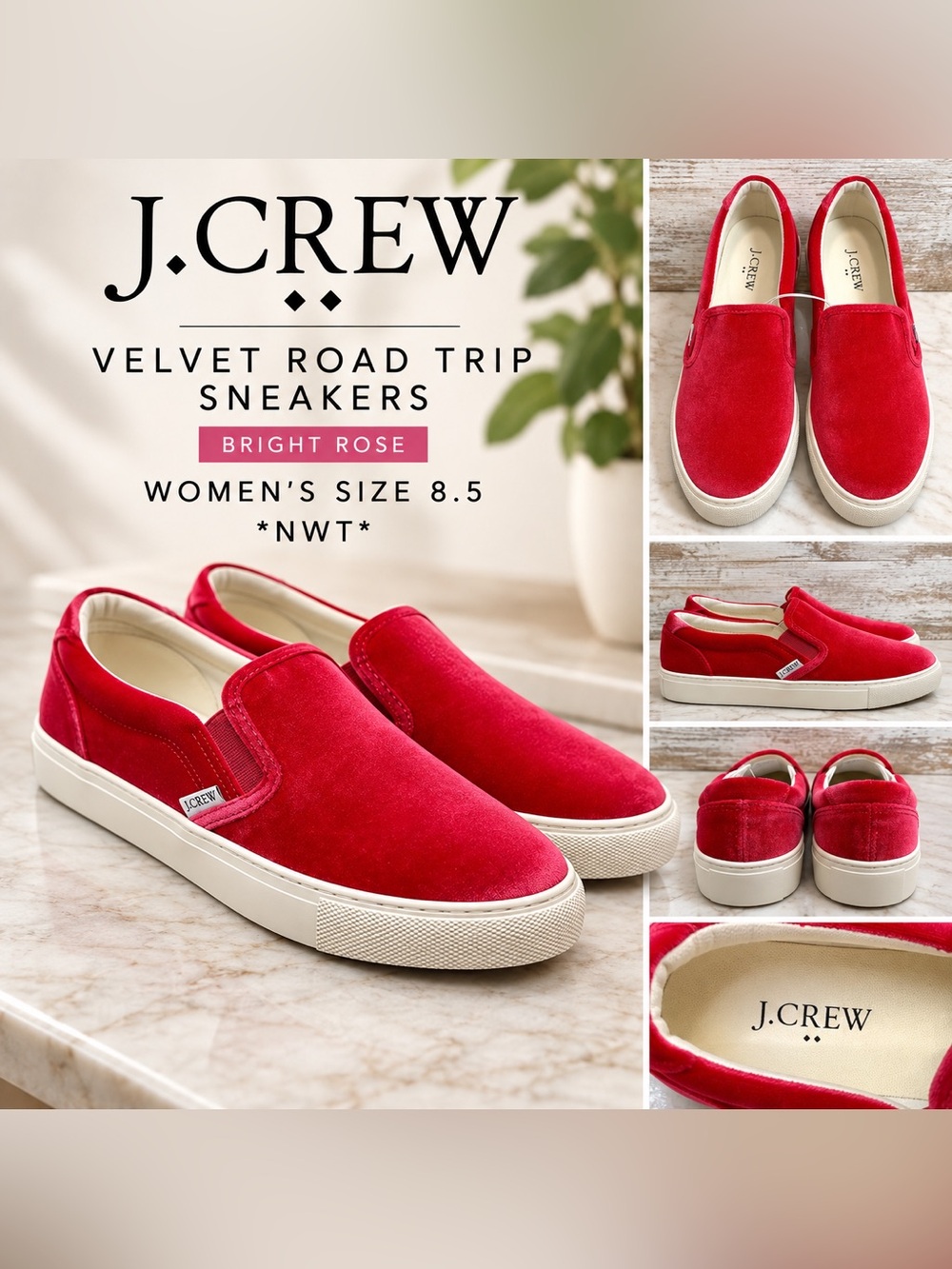 J. Crew Velvet Road Trip Sneakers in Bright Rose size 8.5 *NWT*